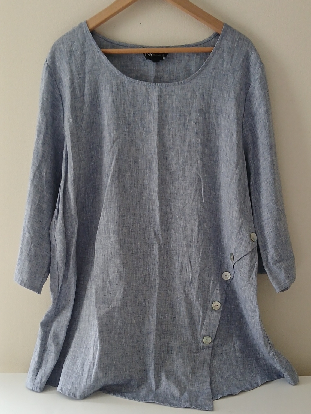 Jones New York Chambray Blue Linen-Blend Tunic with Side Button Accent